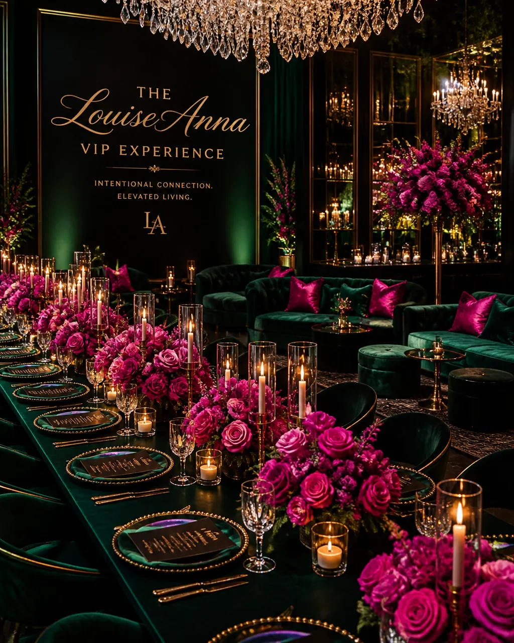 LouiseAnna VIP Experience tablescape for a private culinary occasion with emerald velvet, fuchsia florals, and gold accents
