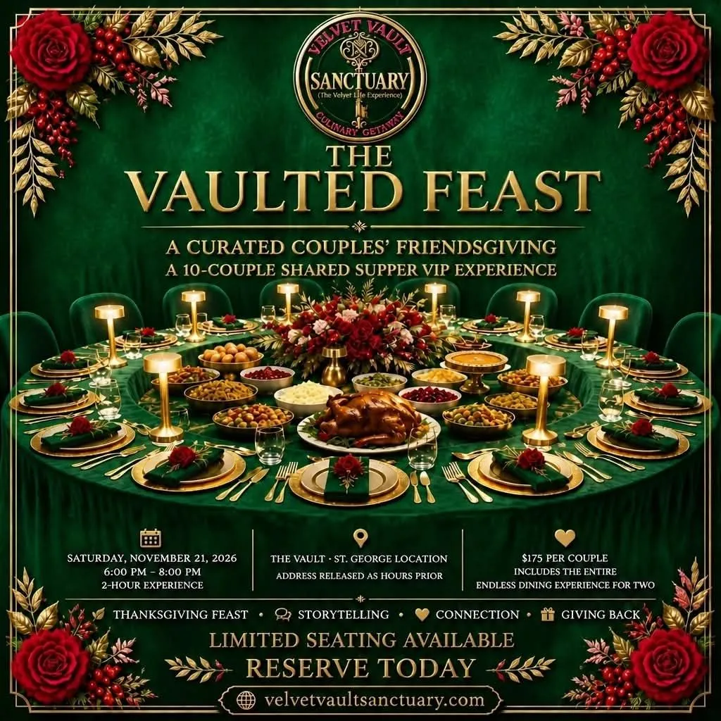 The Vaulted Feast emerald velvet table setting with gold place settings and fuchsia florals